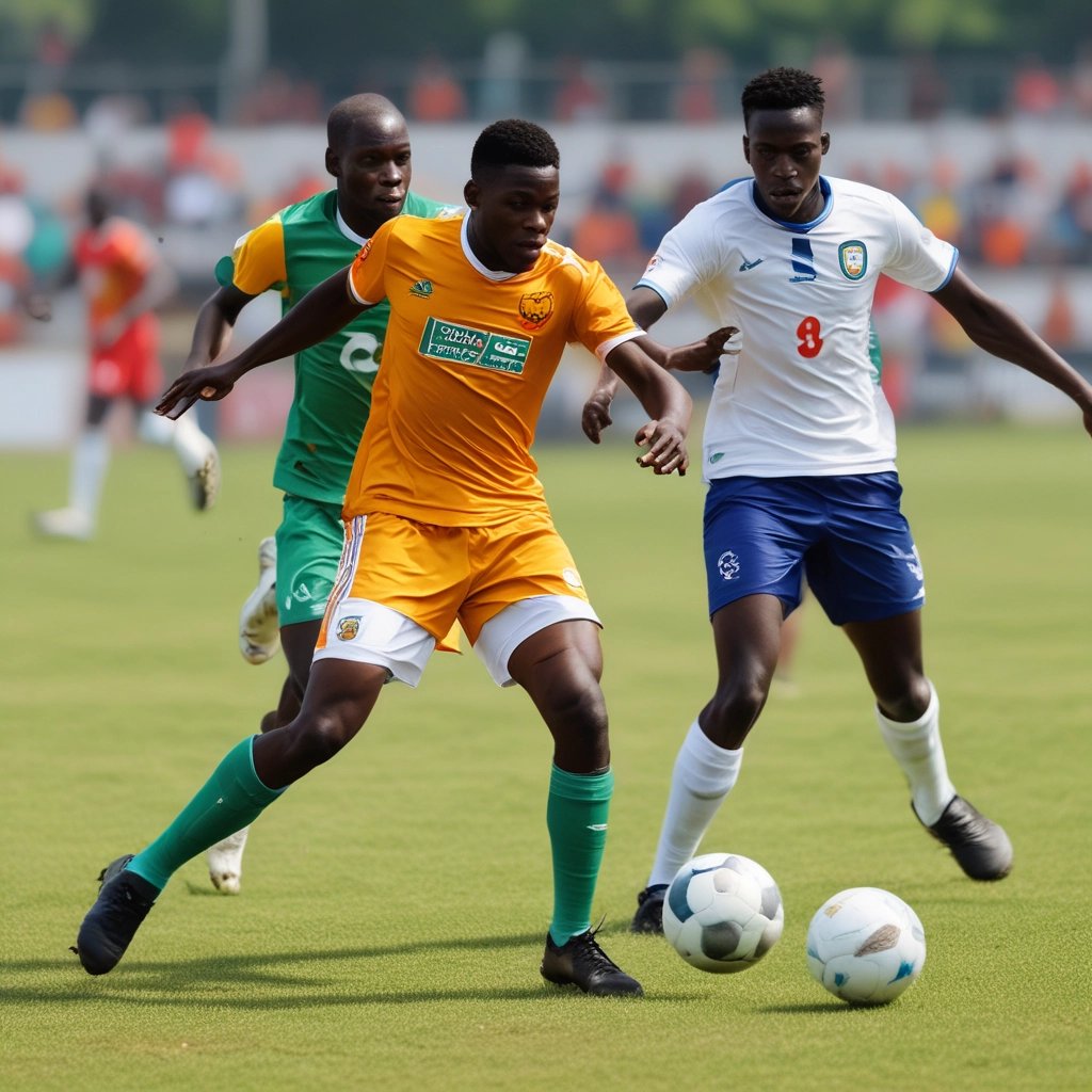 A lively football match with players in action on a sunny field