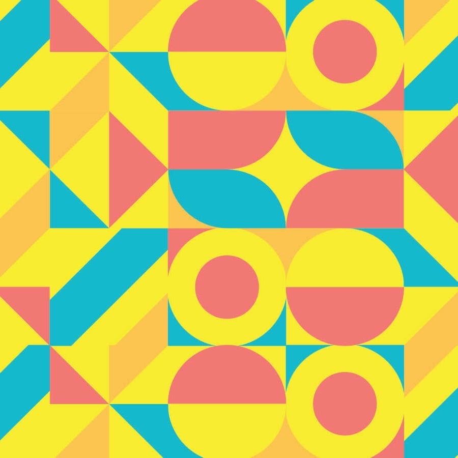 Abstract geometric pattern with colorful pink, yellow, and blue circles, triangles, and squares.