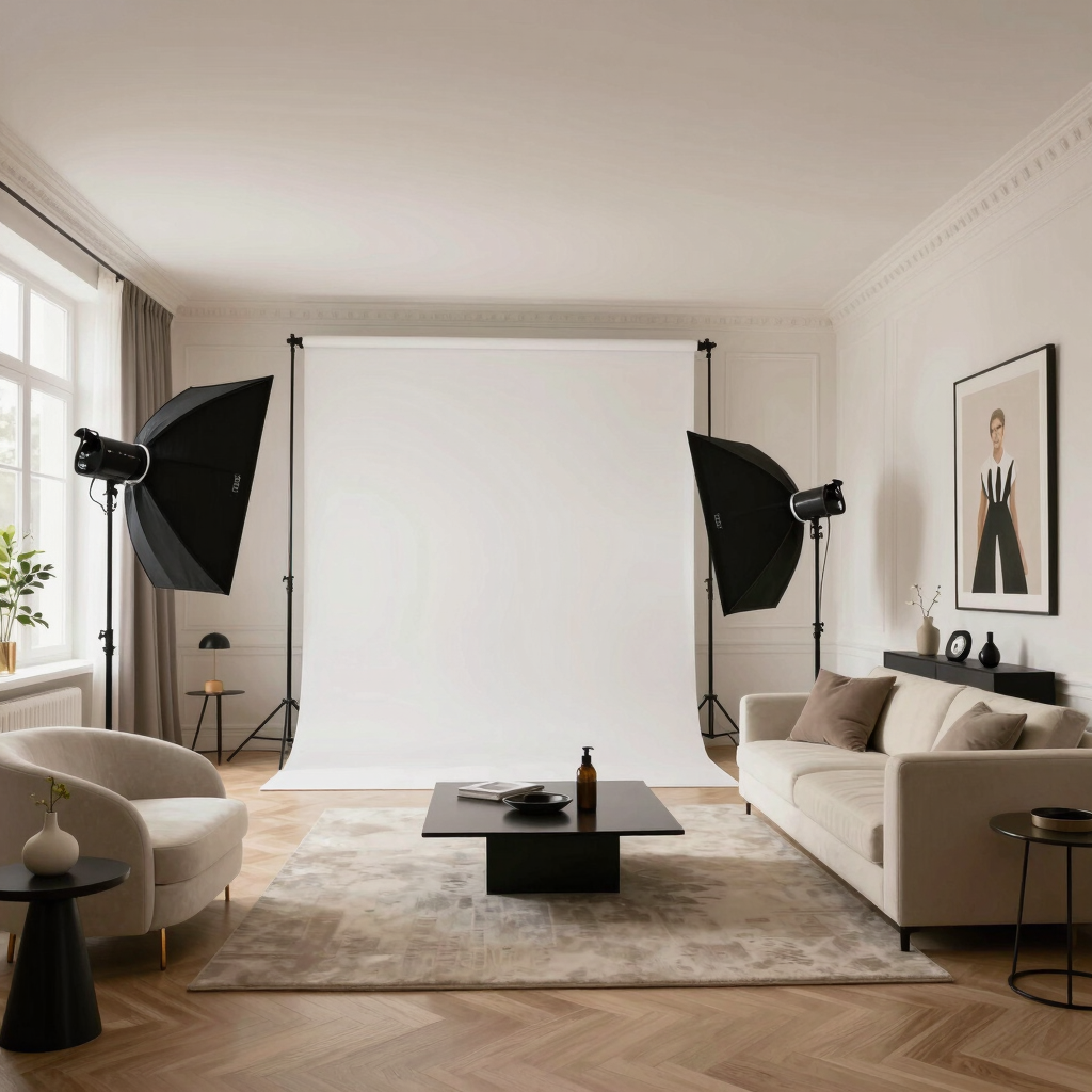 A bright, minimalist studio setup with elegant lighting and camera equipment ready for a photo shoot.