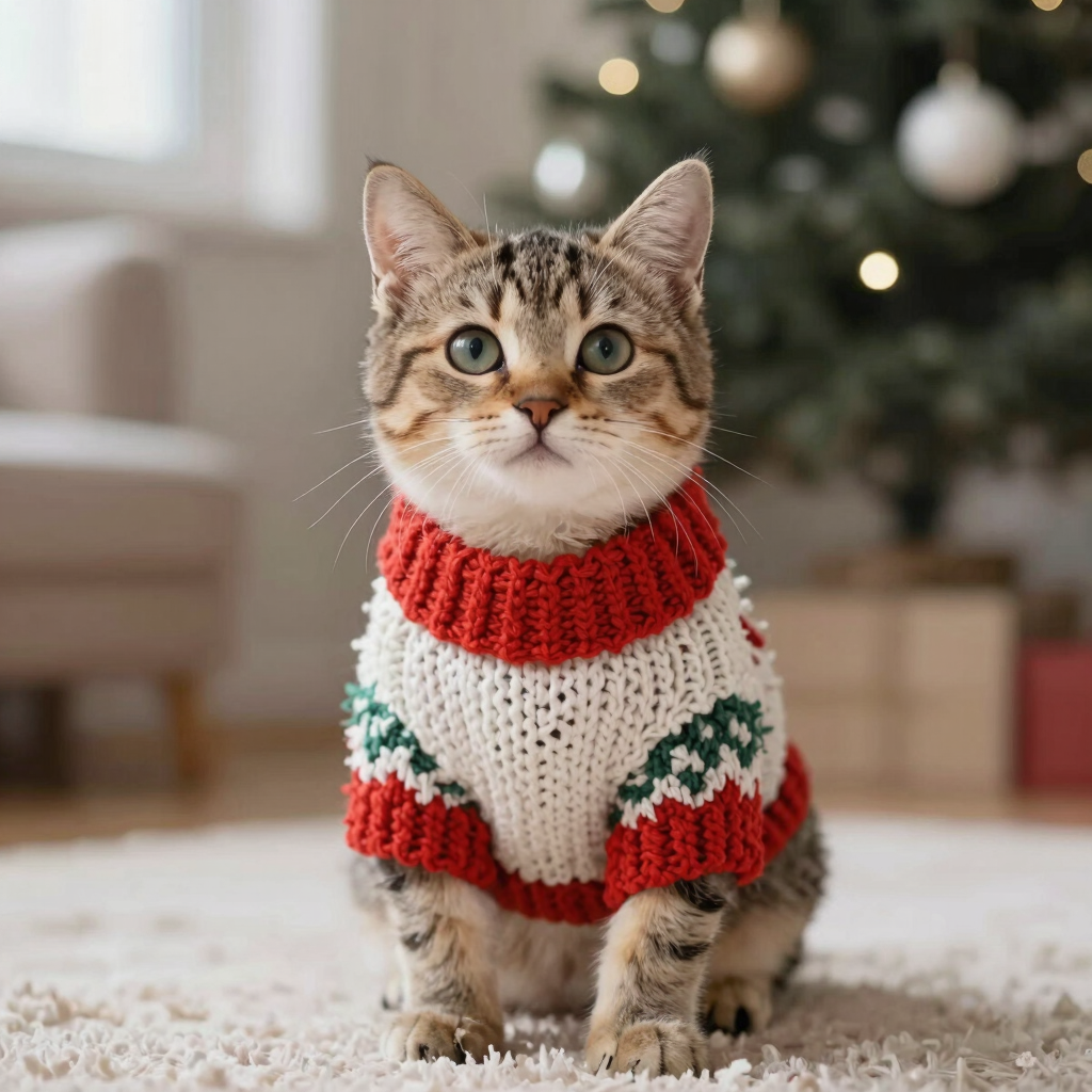 Un lindo gatito atigrado con un festivo suéter navideño de punto