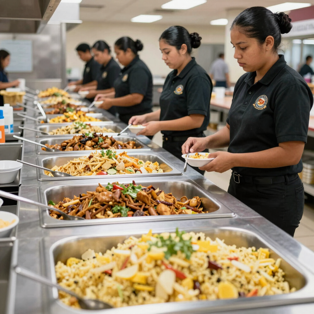 Workers packing institutional food supplies carefully.