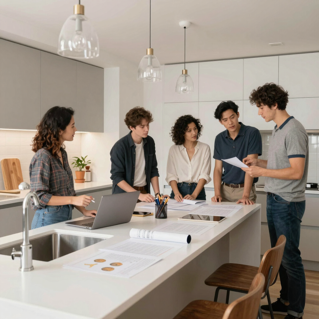 A confident female contractor discussing home renovation plans with a homeowner in a bright, modern living room featuring cobalt blue accents.