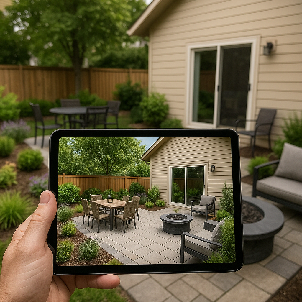 Homeowner reviewing a backyard 3D construction rendering before an outdoor living project