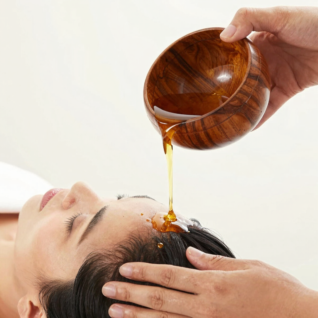 Traditional ayurvedic oils and tools used in healing therapies.