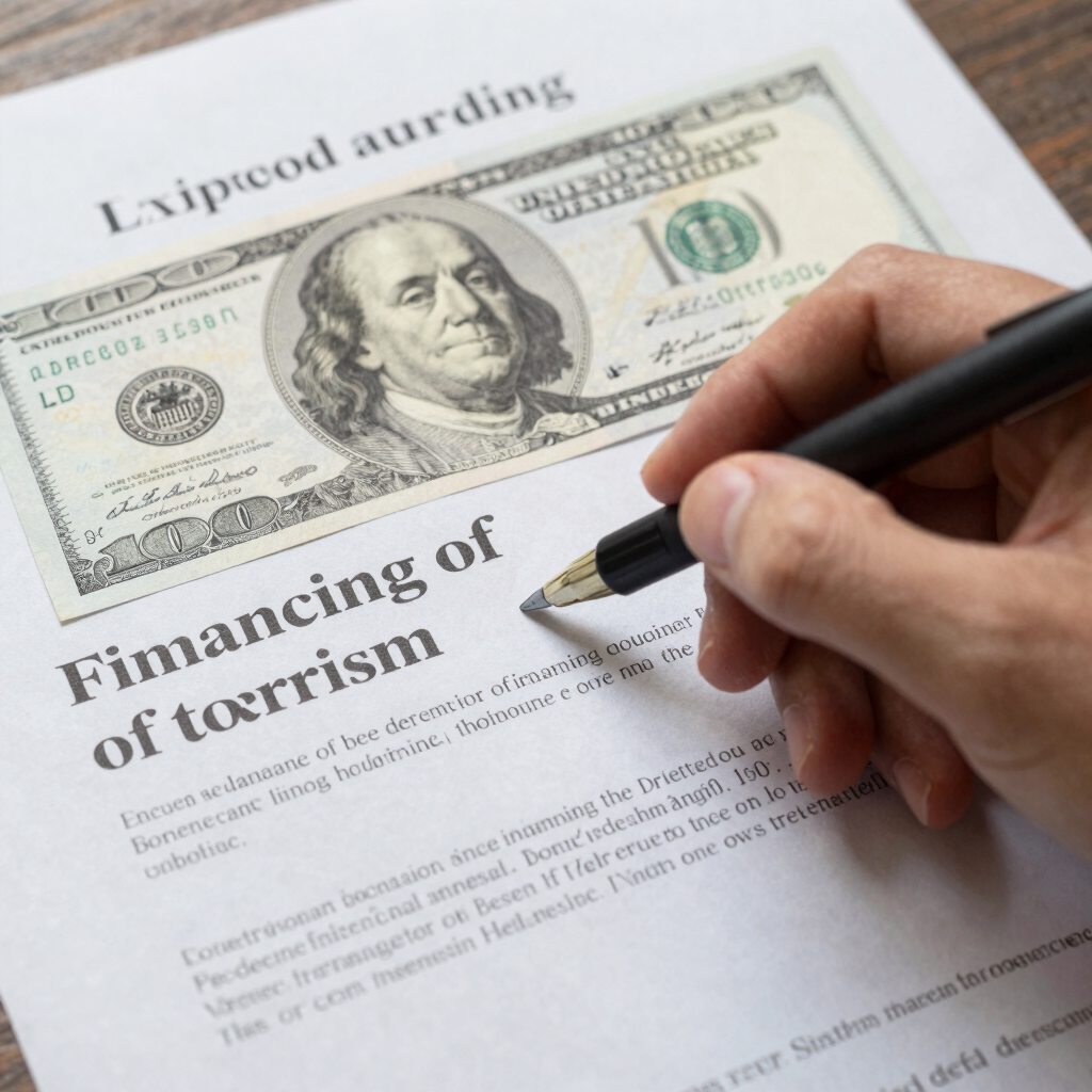 A serene professional setting with a lawyer reviewing documents in a modern office, highlighted by navy and gold accents.