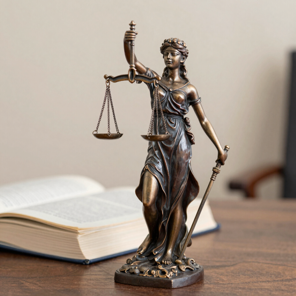 Elegant law books and a golden scale of justice on a dark wooden desk