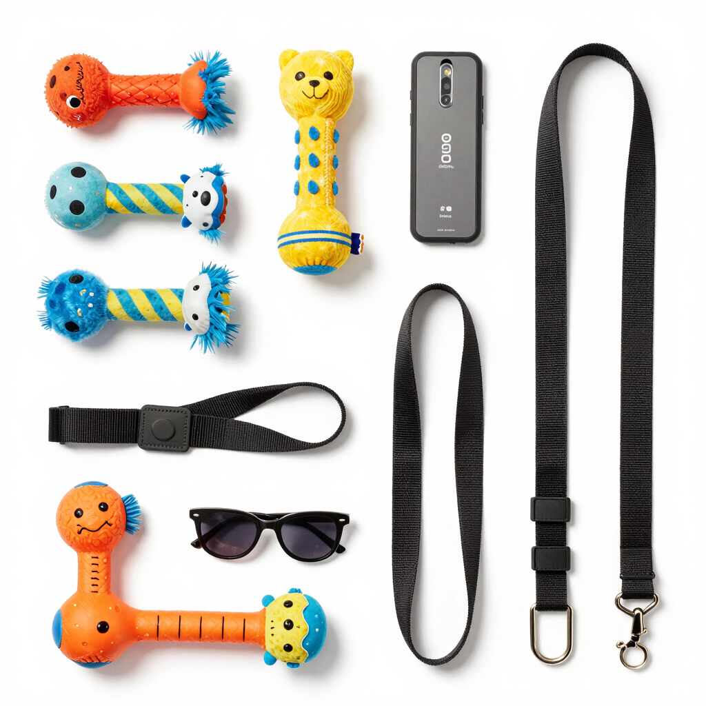 A variety of durable dog collars and leashes displayed on a rustic wooden table.