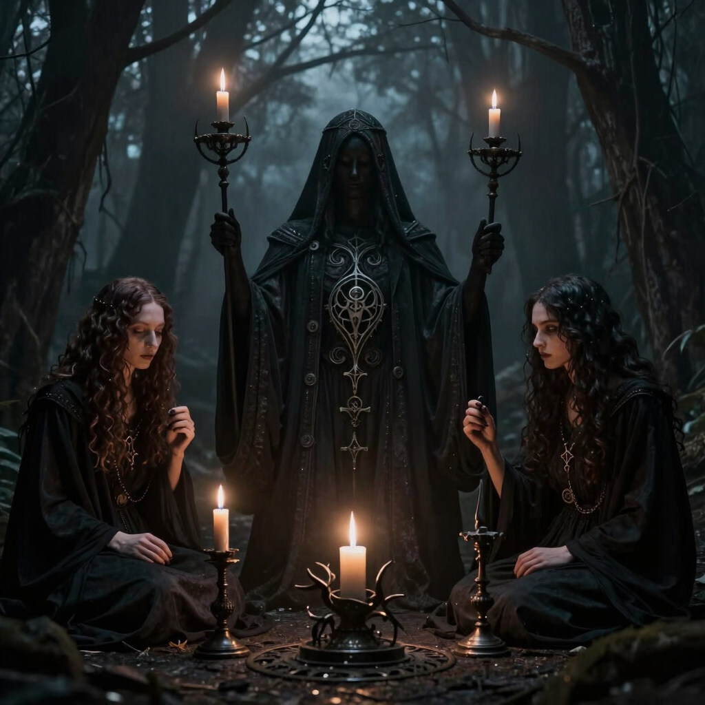 A swirling mist over a blackened forest under a blood-red moon.