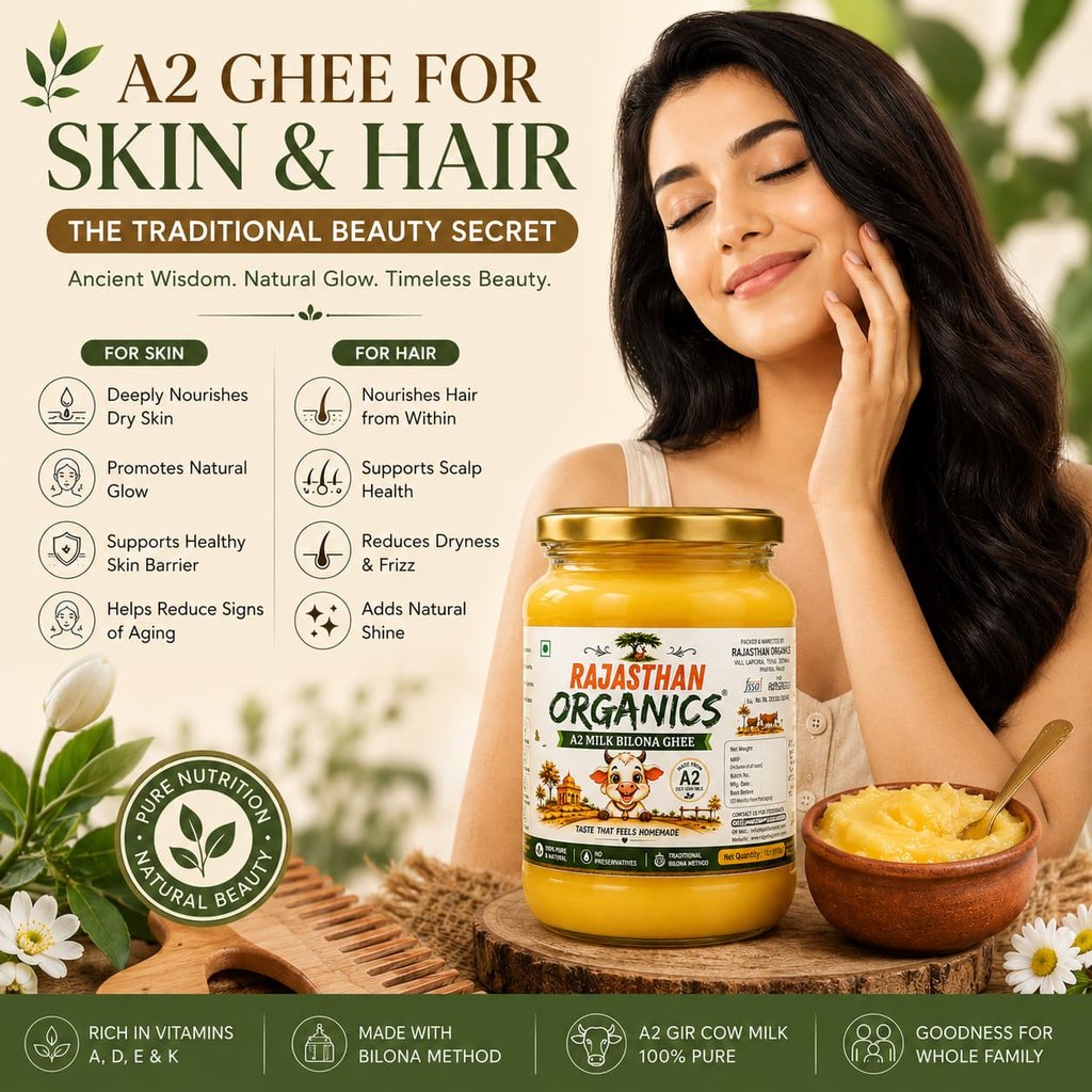 A woman with glowing skin posing next to a jar of Rajasthan Organics A2 Milk Bilona Ghee for skin and hair care.