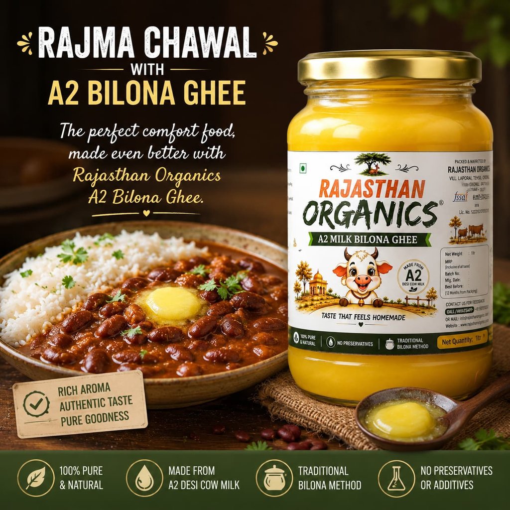 "Homemade Rajma Chawal served with Rajasthan Organics A2 Bilona Ghee, garnished with fresh coriander