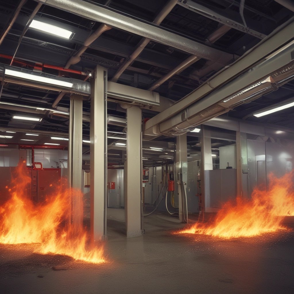 Technician inspecting fire extinguishers and emergency lighting equipment in a commercial building.