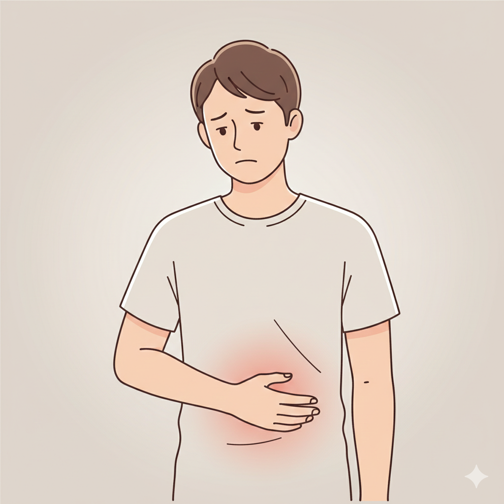 شخص يلمس الجانب الأيمن العلوي من البطن بتعبير ألم نتيجة المرارة