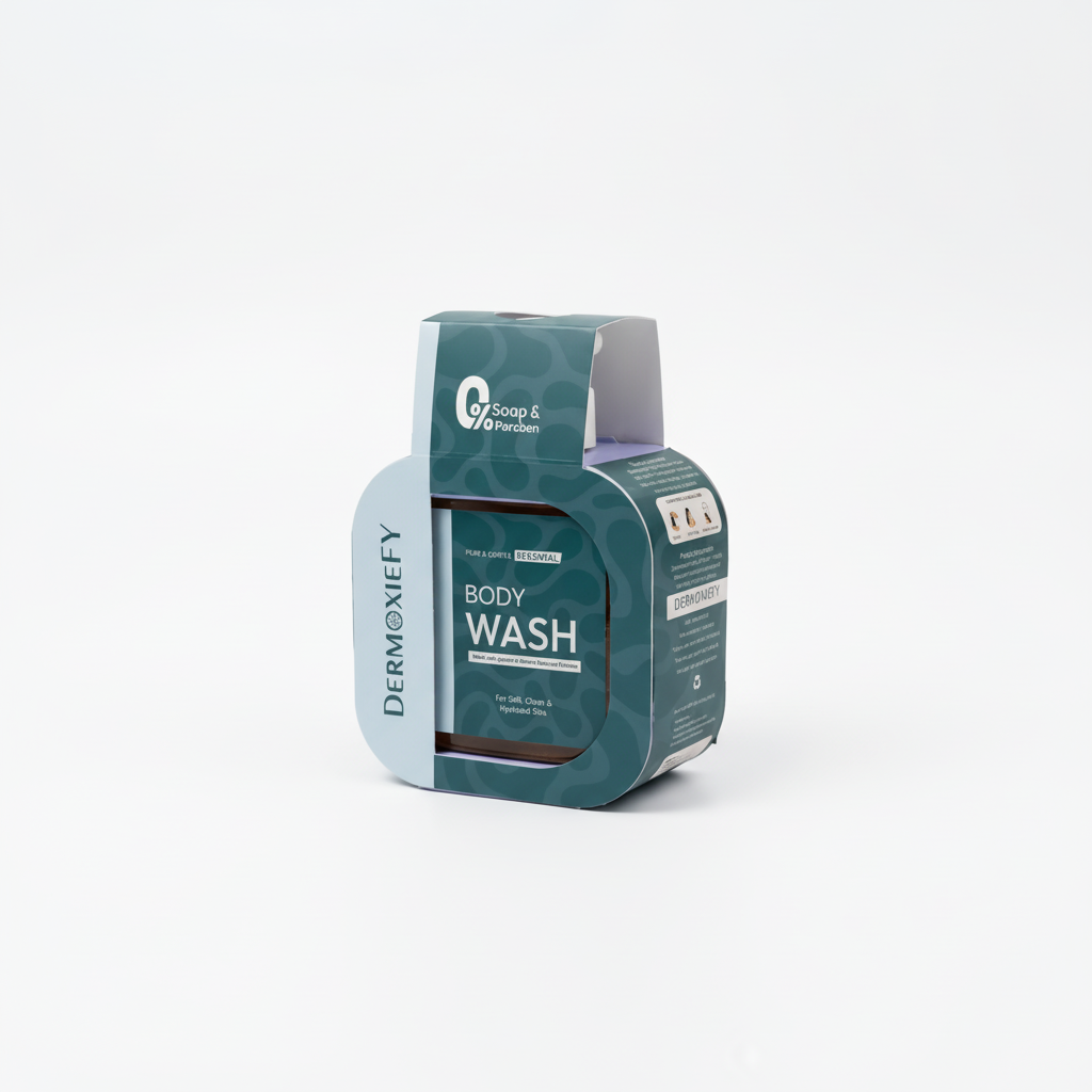 Dermoxiefy moisturizing liquid body wash in a brown bottle with blue cardboard packaging.