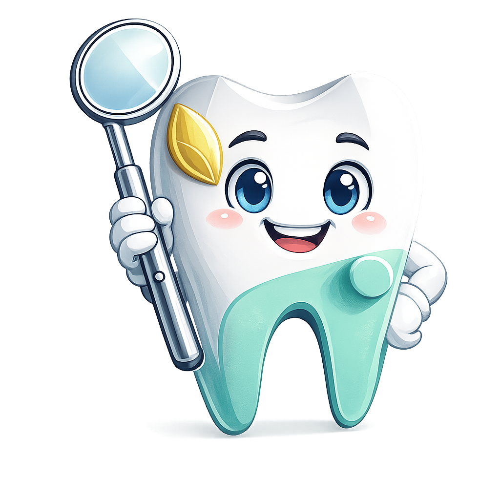 Linda mascota de diente caricaturizado sosteniendo un espejo dental, ideal para odontopediatría y cu