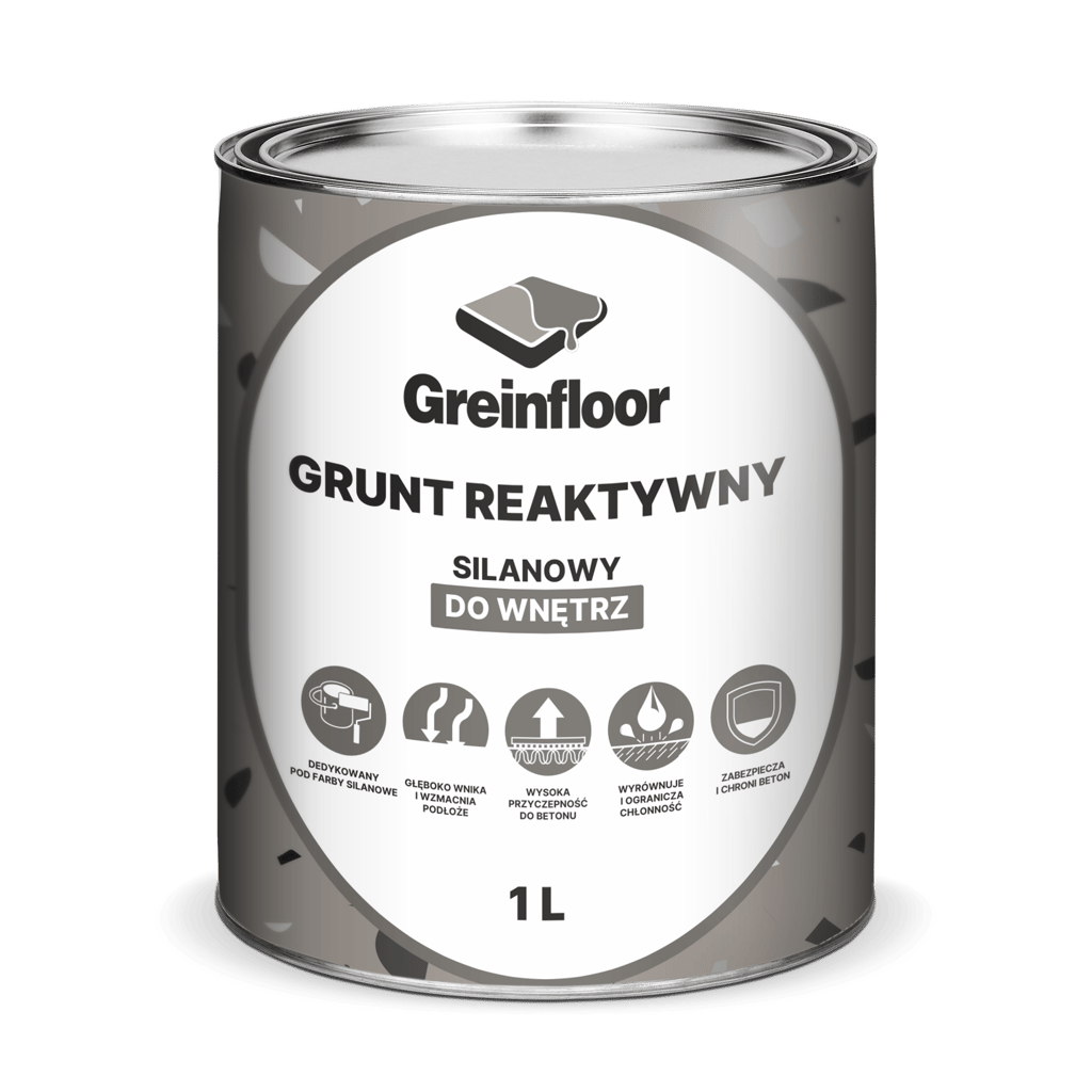 Puszka z szara etykieta produktu Greinfloor Grunt Reaktywny, silanowy do wnętrz o pojemności 1 L