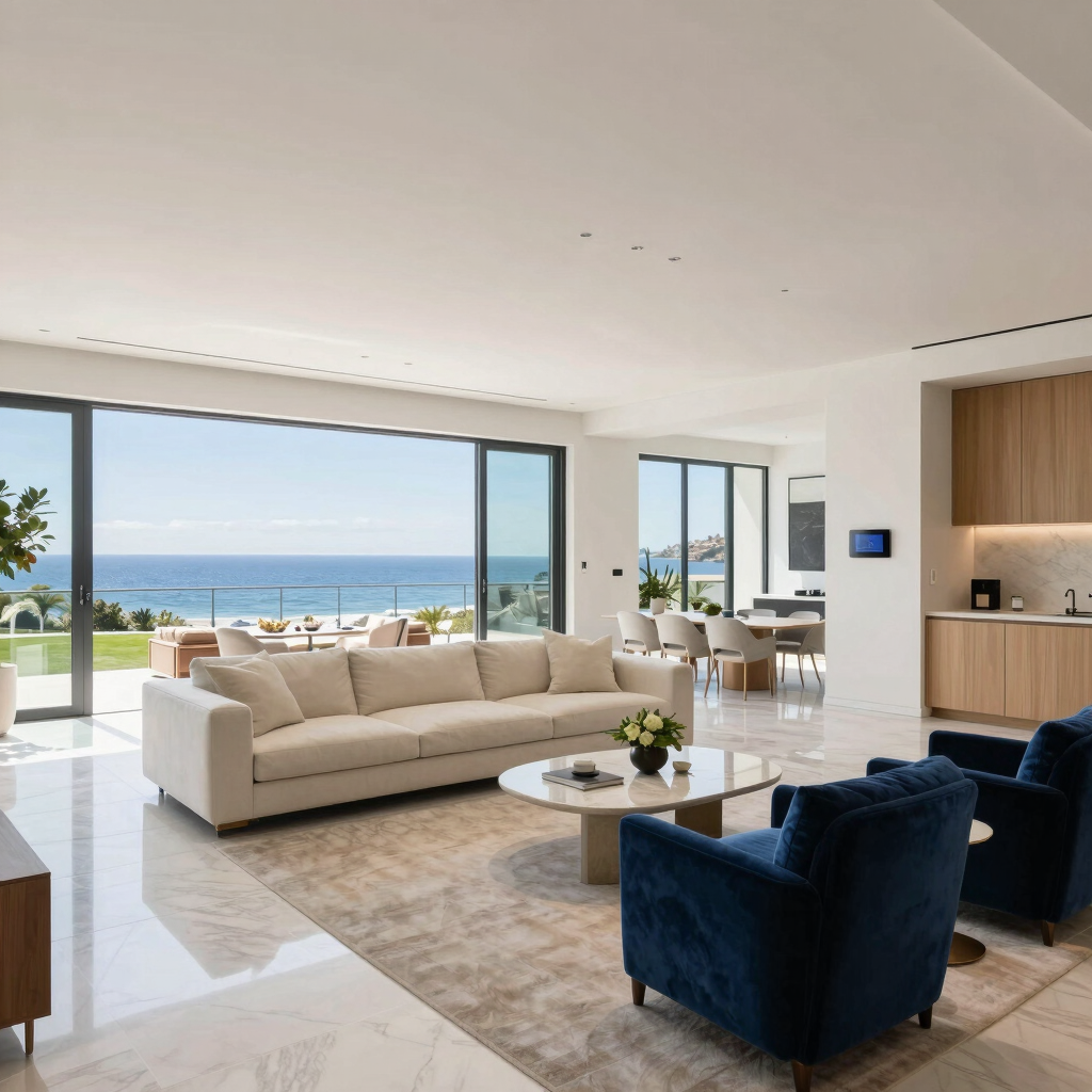 A sleek, minimalist living room in a luxury estate bathed in natural light, showcasing subtle navy and gold accents.