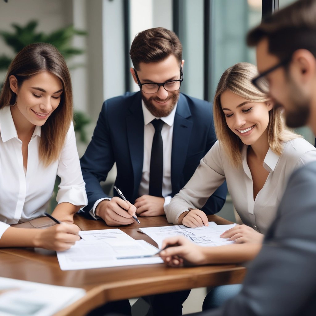 A friendly property manager discussing lease details with tenants in a bright, modern office.