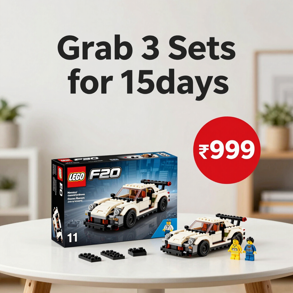 Blue LEGO race car toy display with promotional text for 3 sets at 999 rupees.
