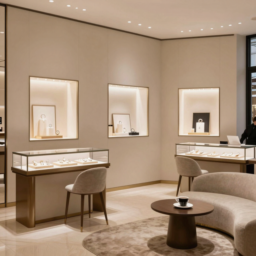 Black and white photo of a sleek, minimalist office interior with natural light.