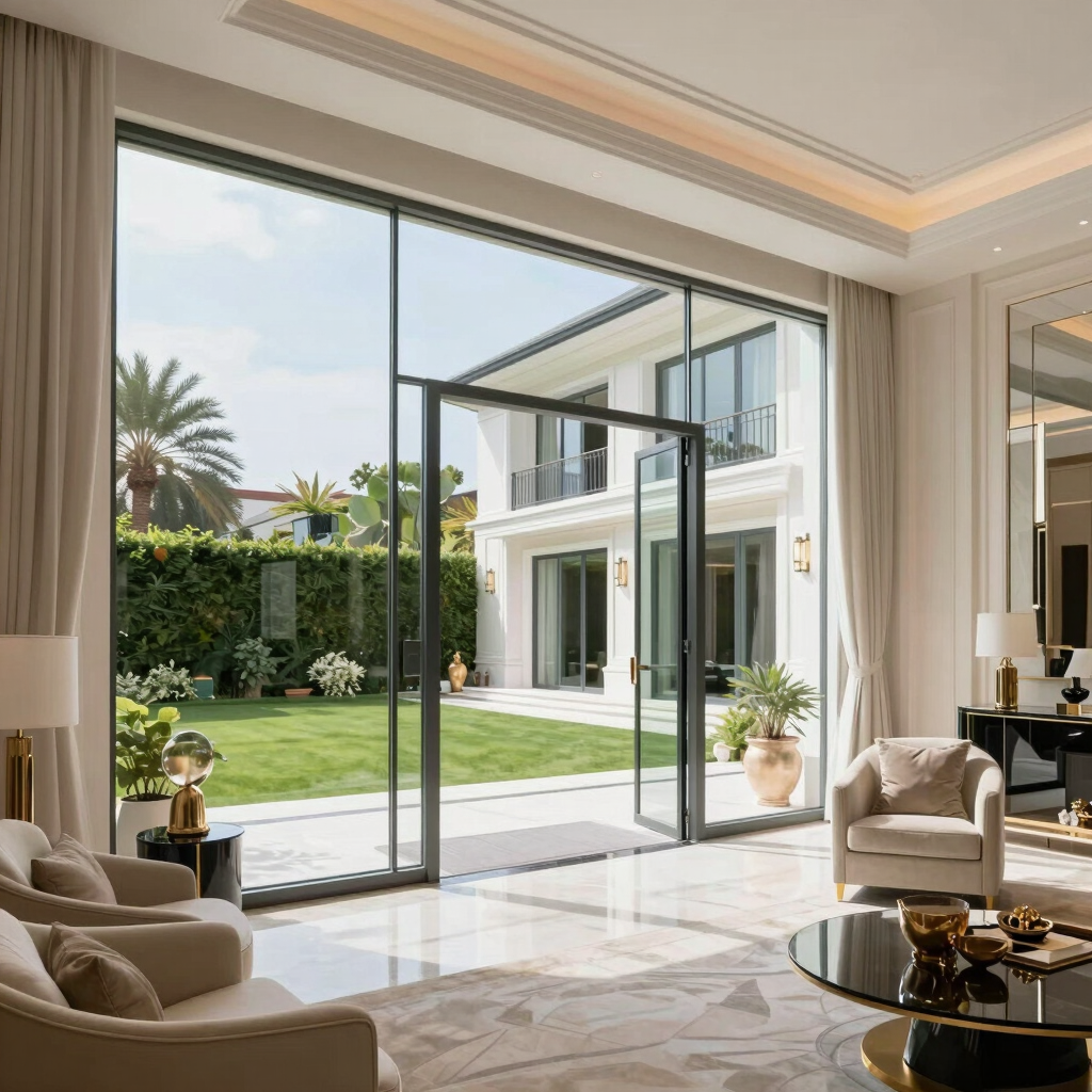 Black and white photo of a sleek, minimalist office interior with natural light.