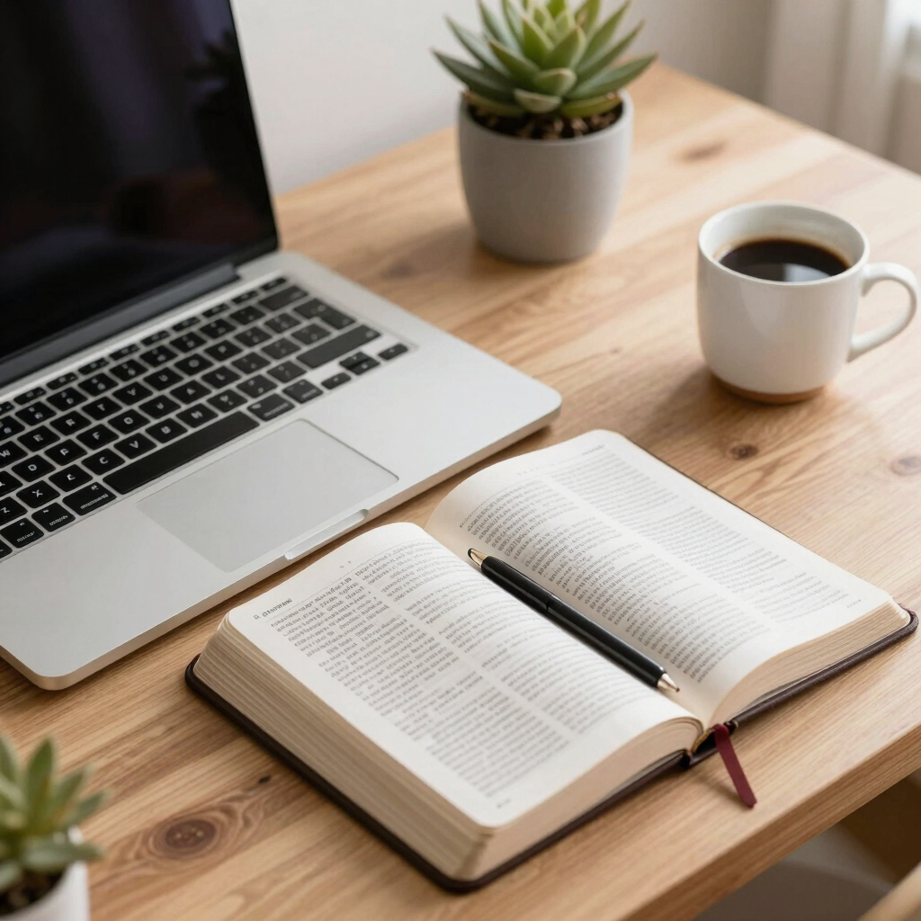 A cozy workspace with a laptop, a cup of coffee, and a notebook with a pen ready for messages.
