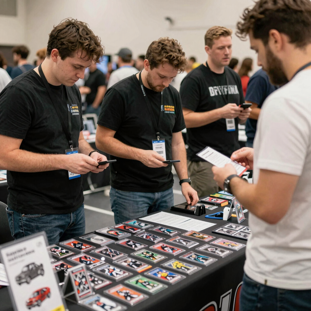 A bustling event hall with tables full of soccer cards and collectibles, surrounded by excited collectors and dealers.