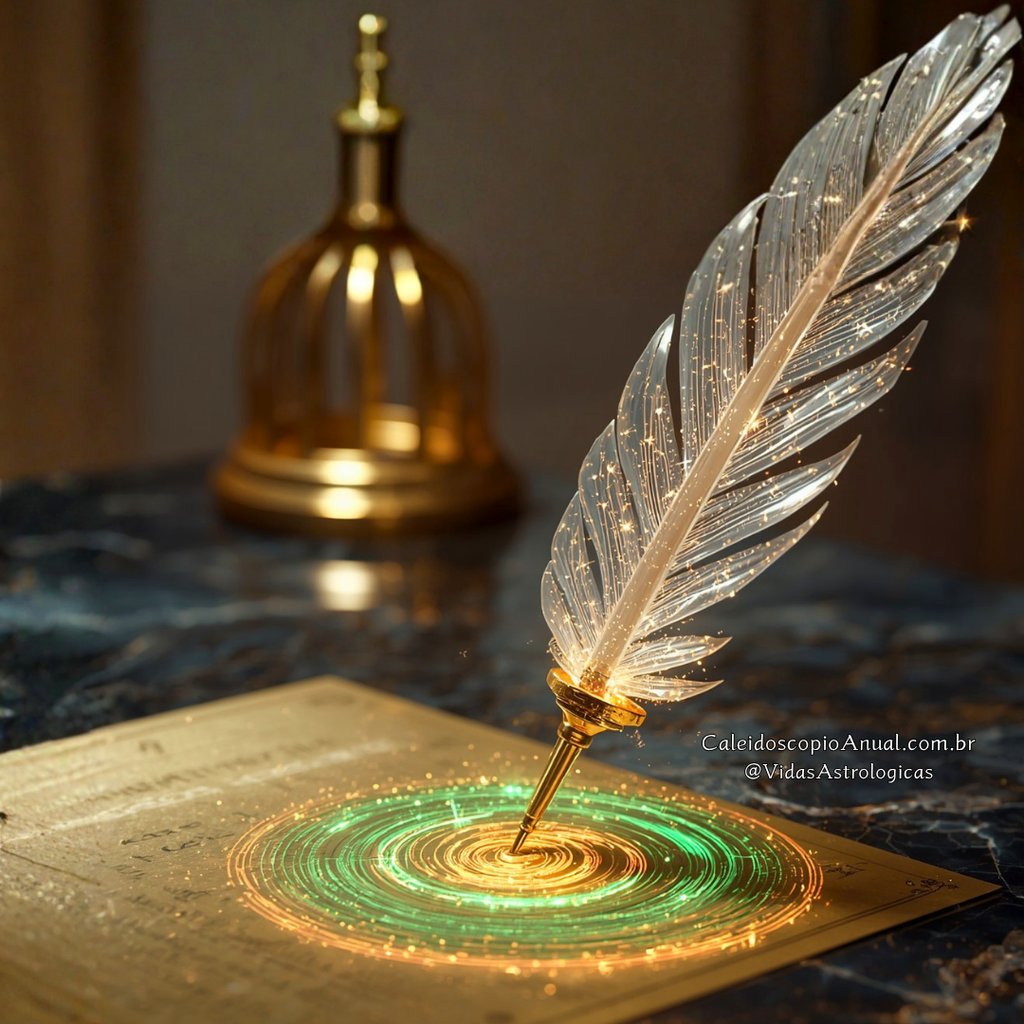 Pena de luz assinando contrato de ouro com espiral rosa e esmeralda, simbolizando acordos kármicos e prosperidade.