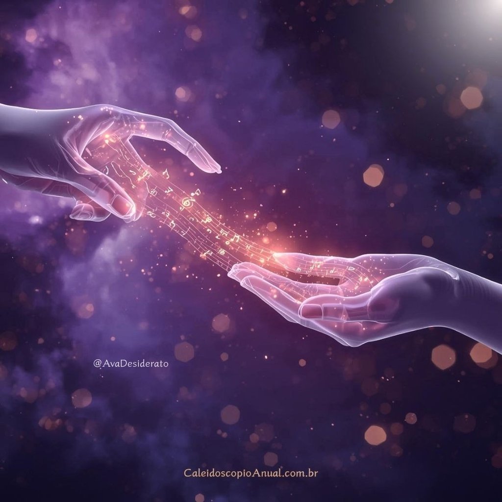 Mãos etéreas tecendo fios de luz dourada com símbolos místicos, representando comunicação curadora e profunda.