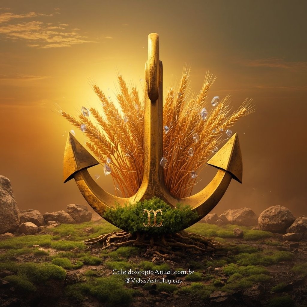 Âncora de ouro presa em terra fértil com trigo dourado crescendo, simbolizando sucesso financeiro e estabilidade.