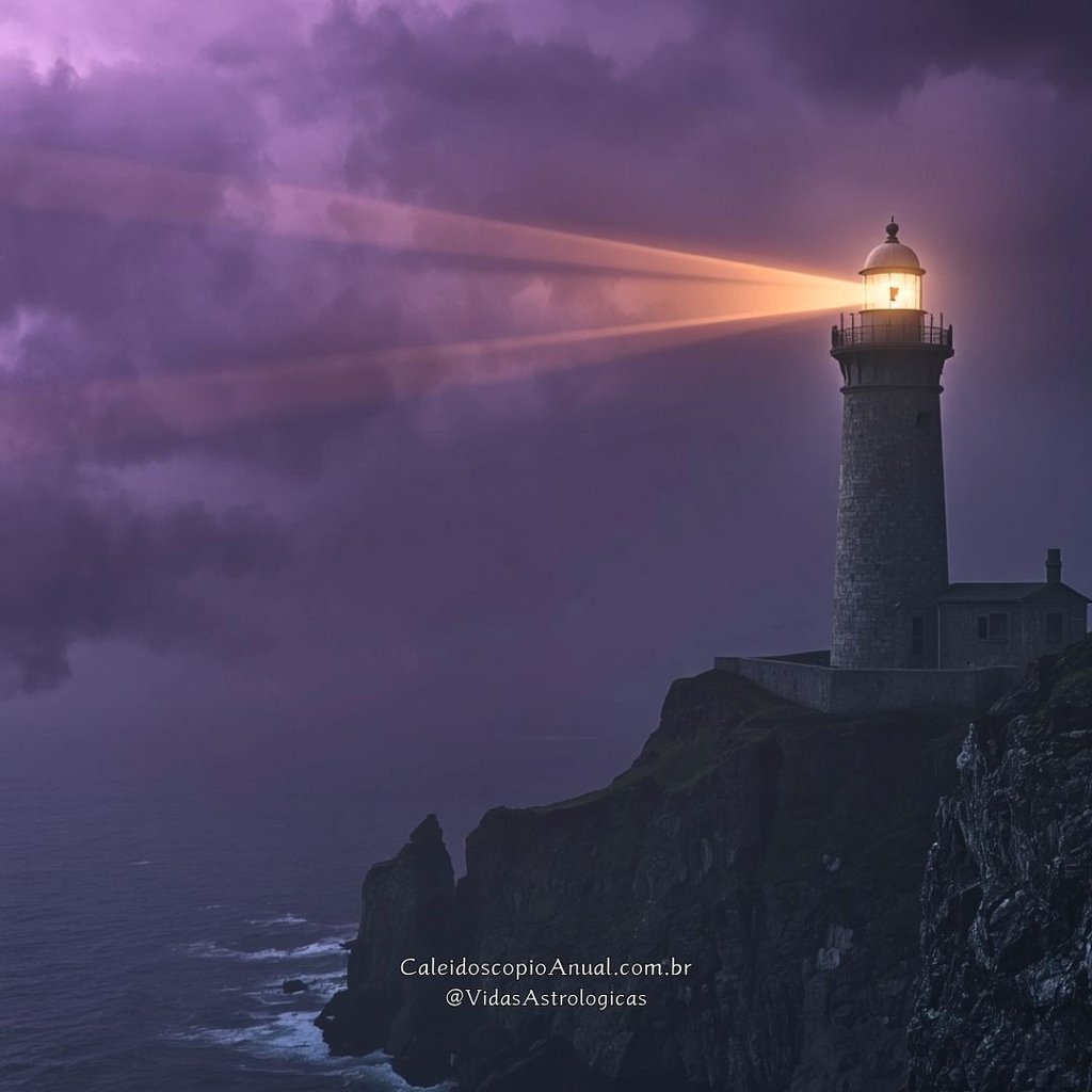 Farol de pedra firme em penhasco emitindo luz dourada que corta névoa roxa, simbolizando maturidade e clareza.