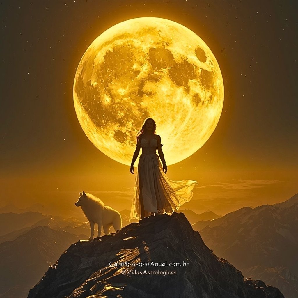 Mulher no topo de montanha sob lua cheia gigante e espírito de lobo, simbolizando autenticidade e verdade emocional.