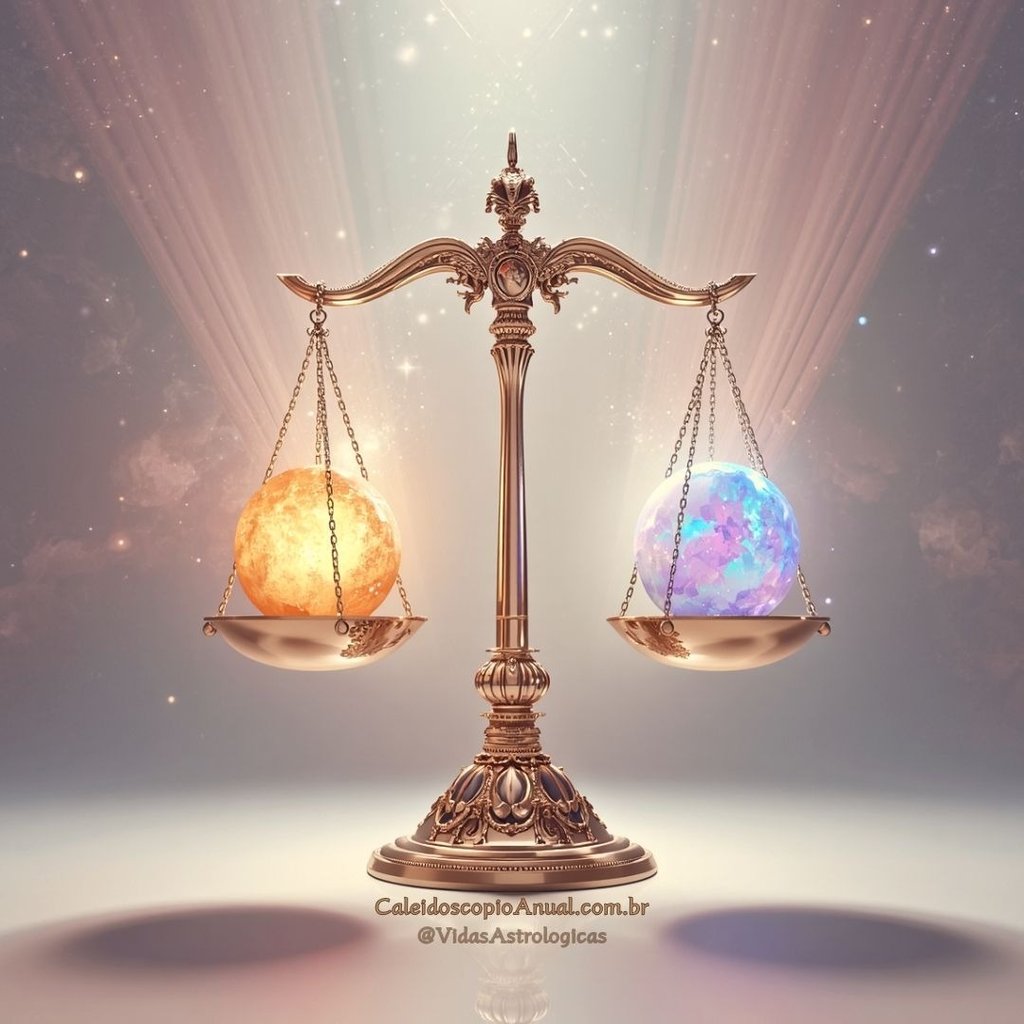 Balança de ouro equilibrando um sol de fogo e uma opala no espaço, simbolizando diplomacia e harmonia nas relações.