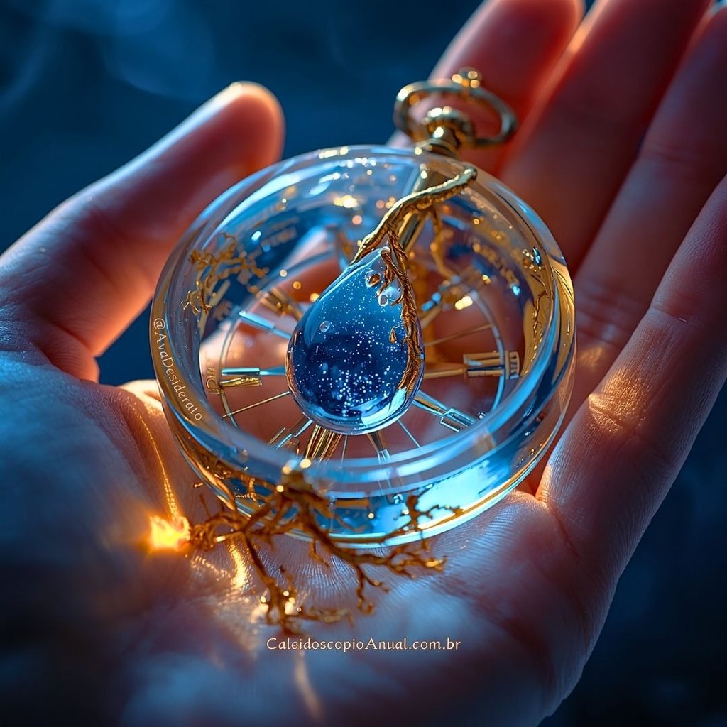 Bússola de cristal com gota de água brilhante e reflexos dourados, simbolizando a intuição como guia infalível.