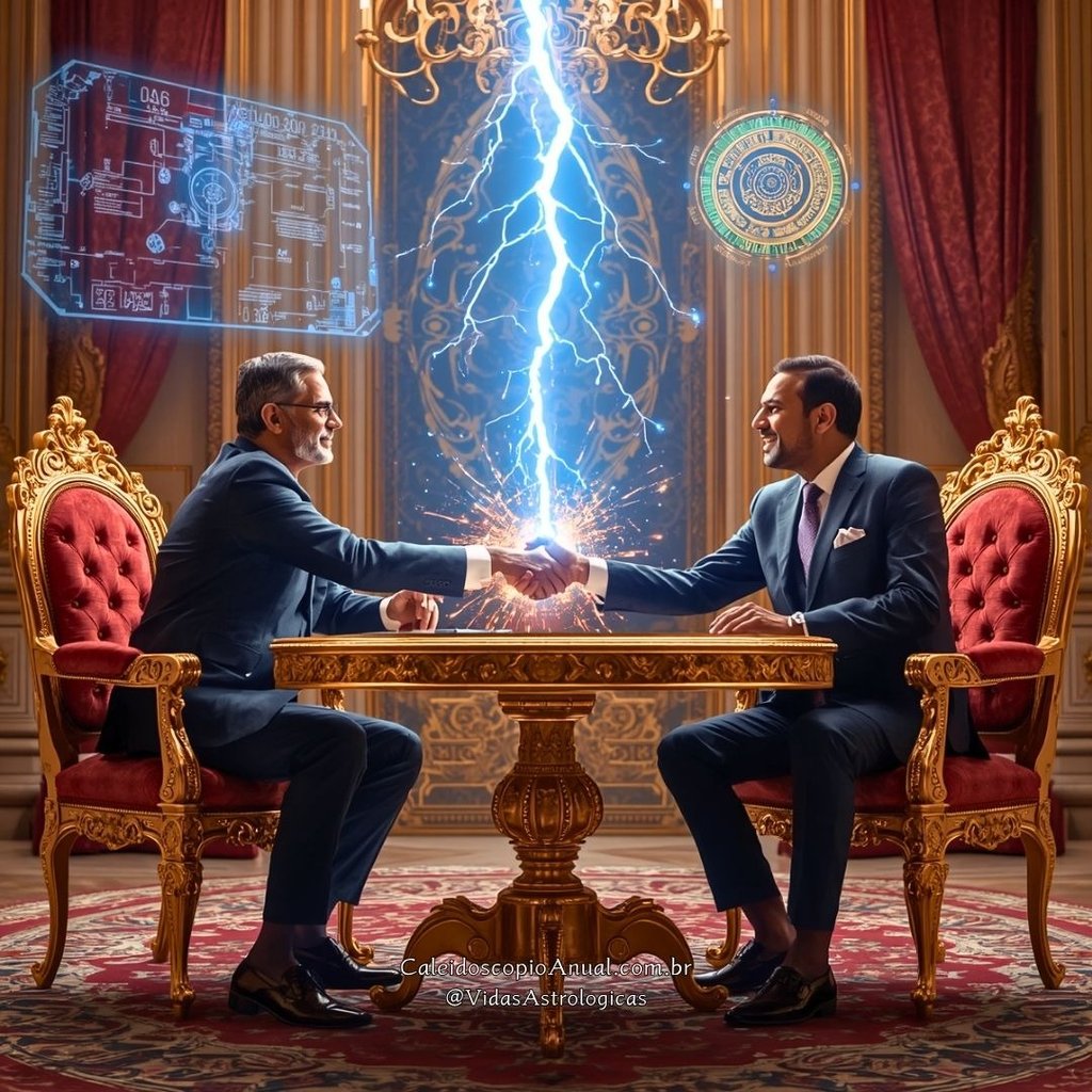 Figuras em acordo com raios elétricos entre as mãos — simboliza genialidade diplomática de Vênus em sextil com Urano.