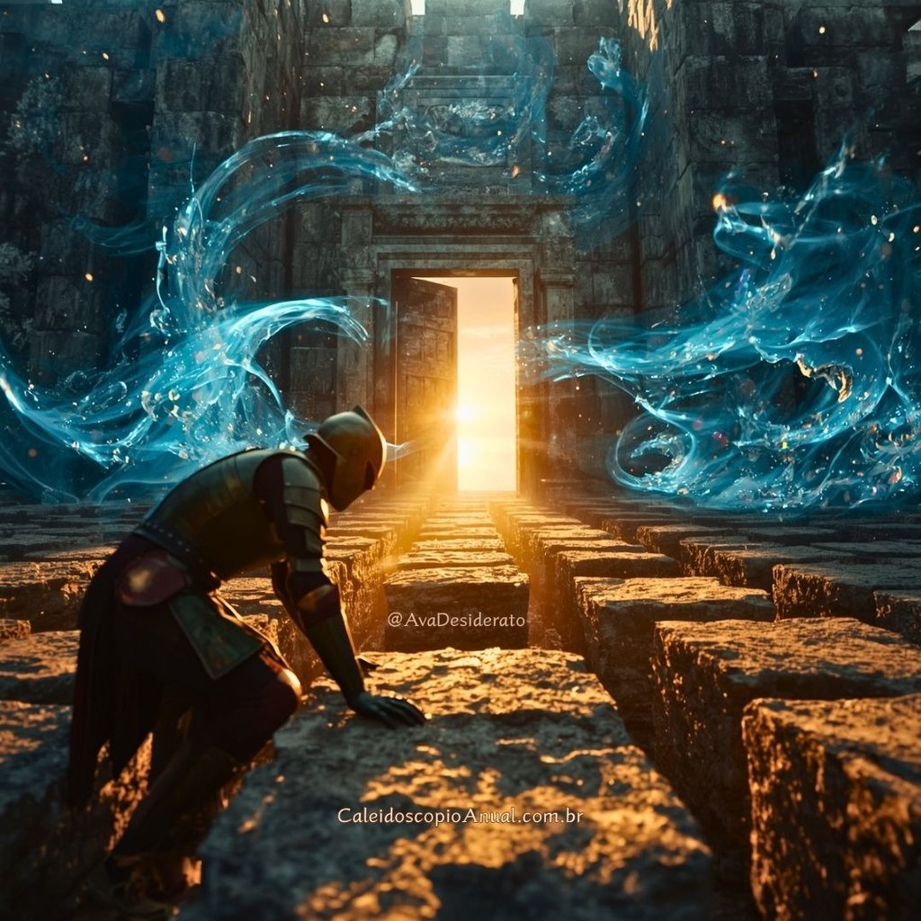 Figura em armadura de bronze assentando pedra enquanto ventos de luz se dissolvem, simbolizando a transição de Marte e Vênus.