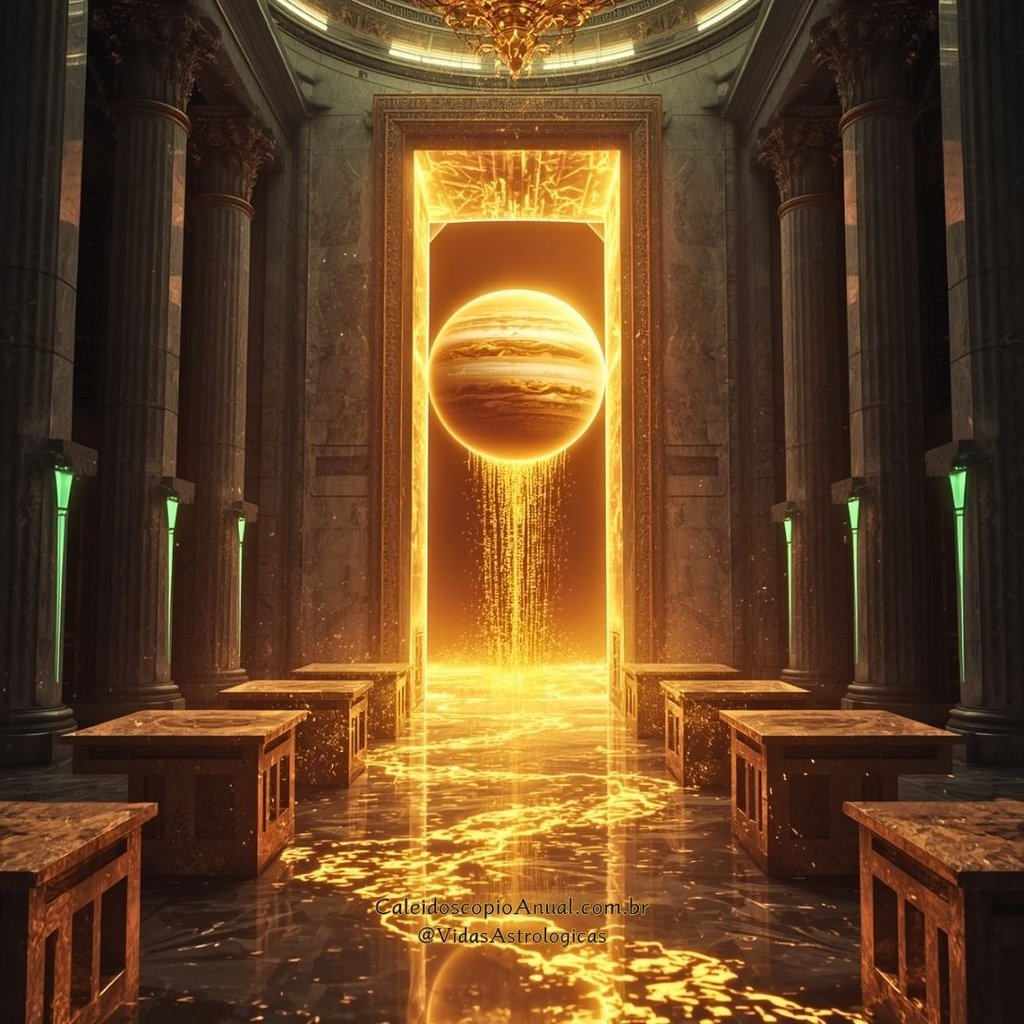 Portal de cristal em salão de mármore com planeta Júpiter radiante, simbolizando a sorte e economia estruturada.