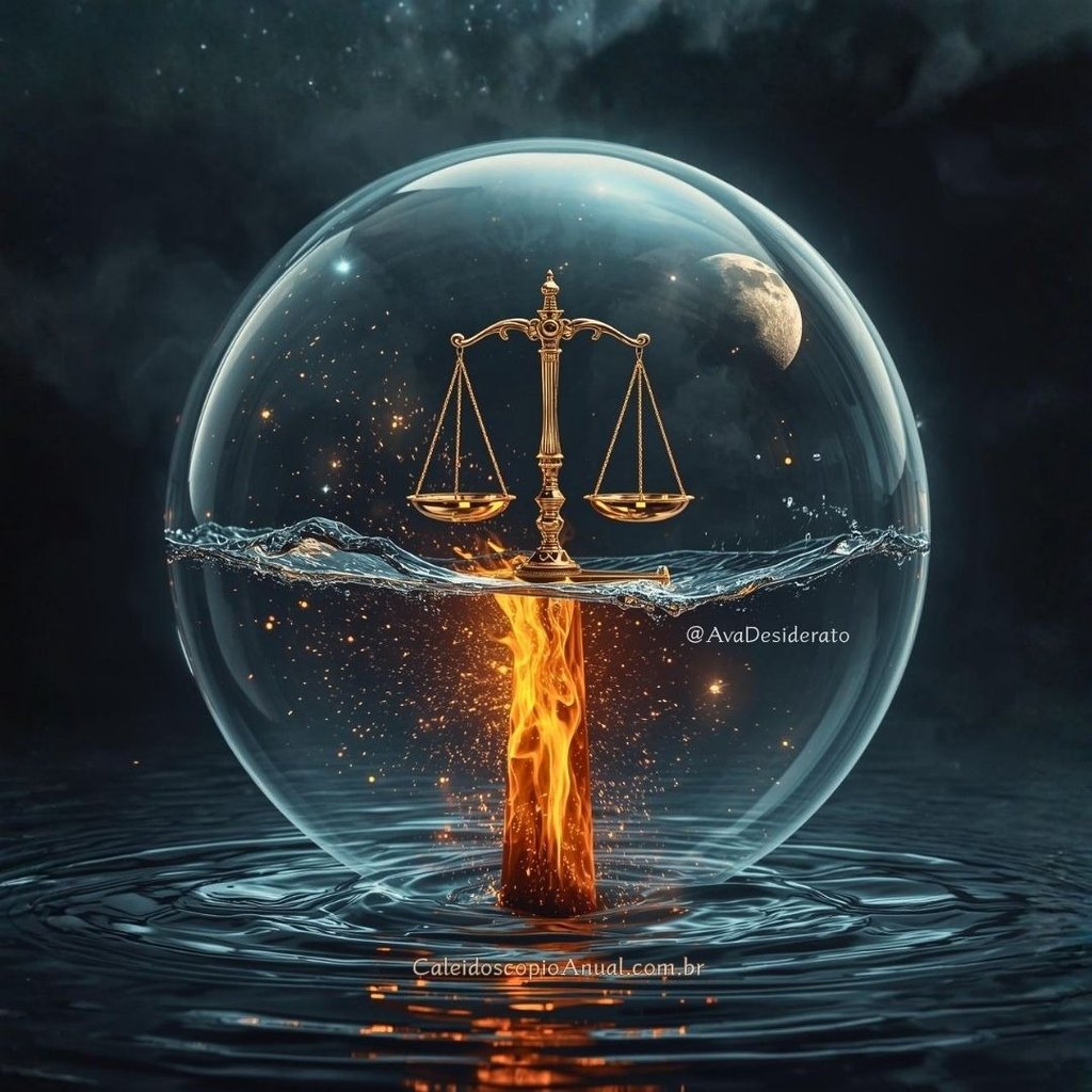 Balança equilibrada sobre uma espada de fogo dentro de uma bolha de água, representando tensão e crise emocional.