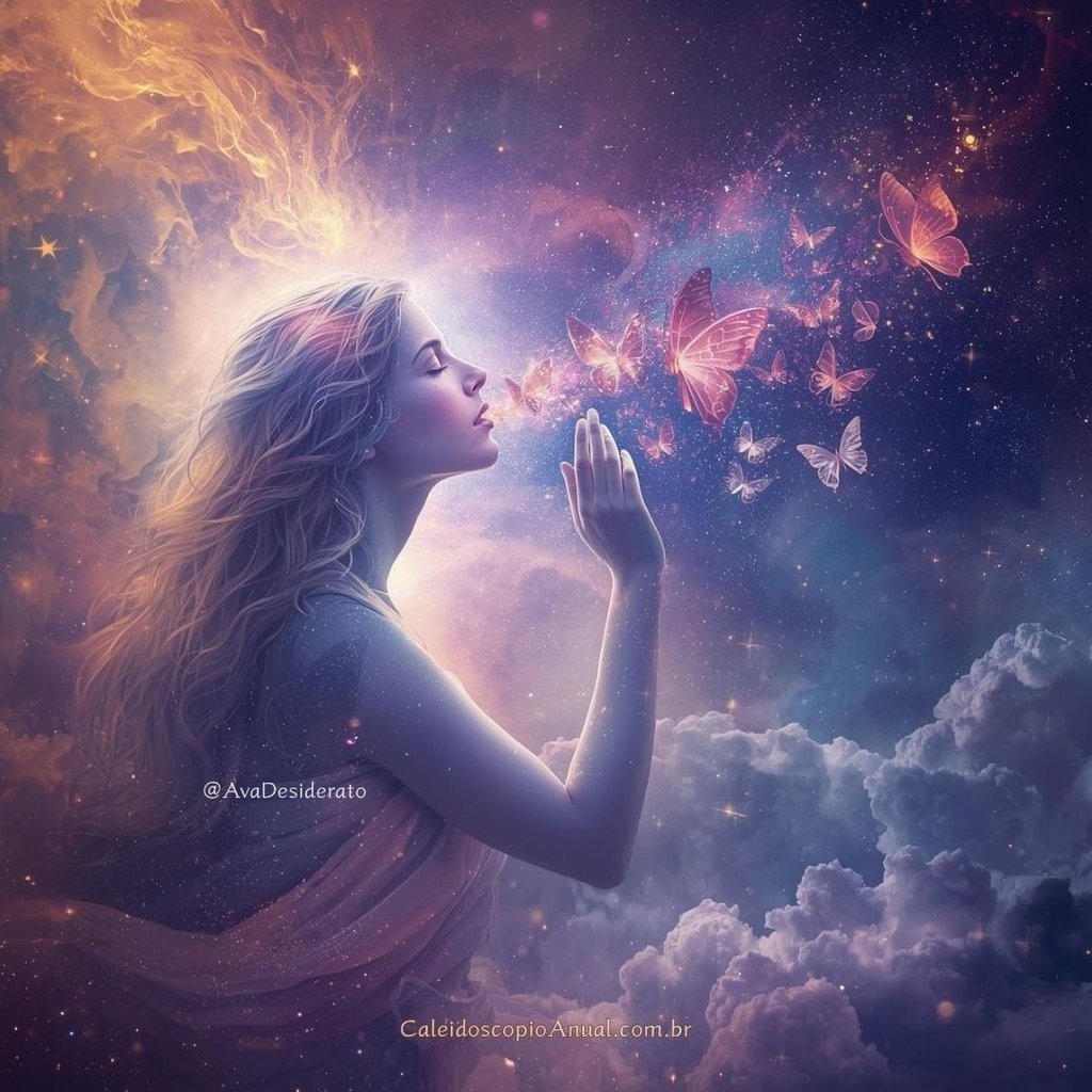 Figura mística soprando notas musicais em mar de estrelas e borboletas, representando a voz da alma e intuição.