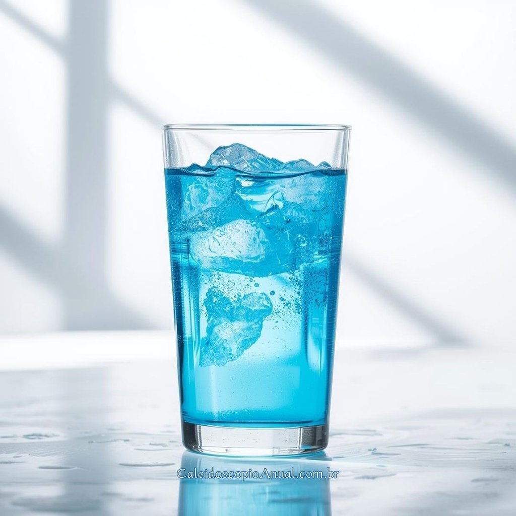 Água solarizada azul servida em um belo copo transparente com pedras de gela em um líquido azulado