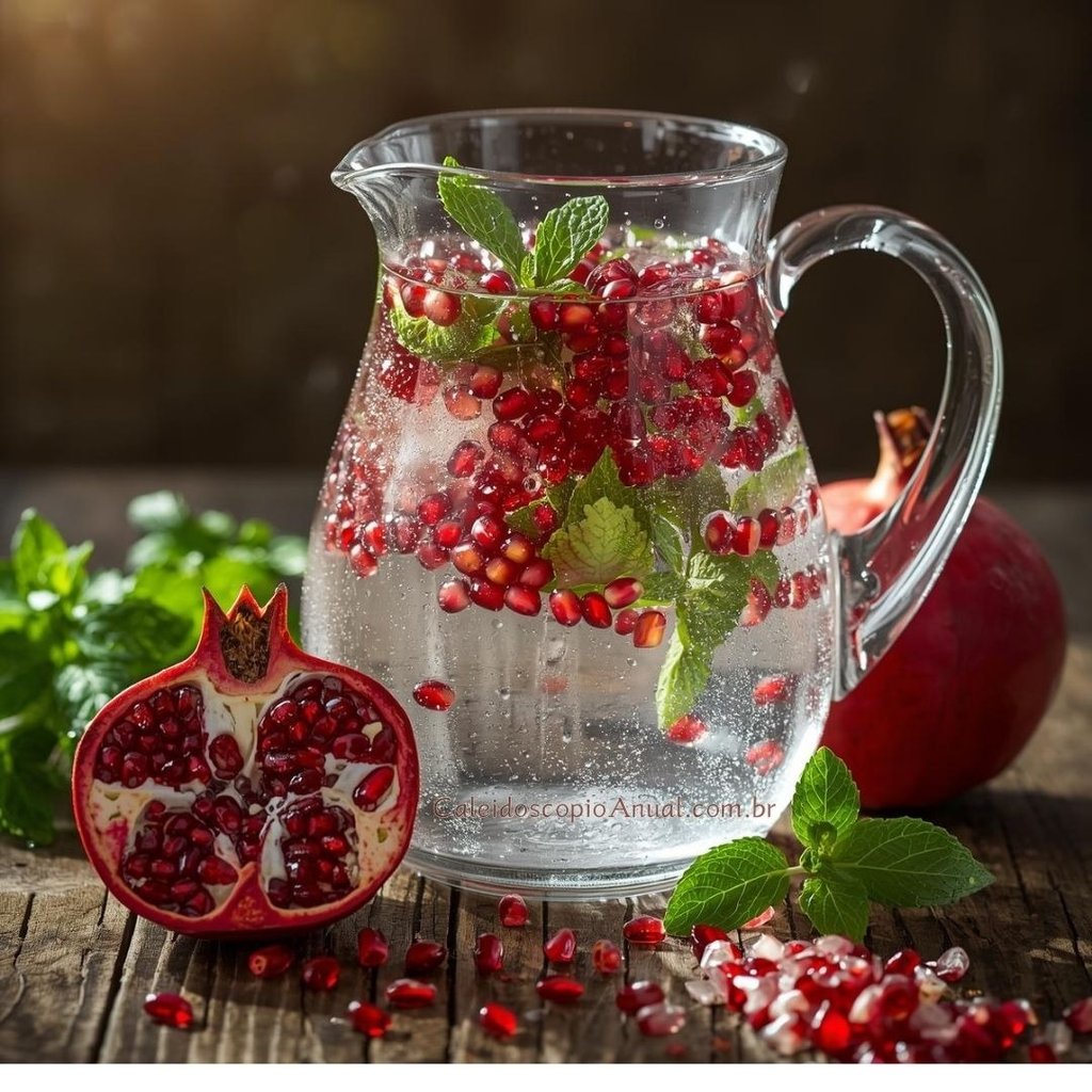 Água saborizada romã hortelã: infusão purificação renascimento fertilidade Perséfone hidratação