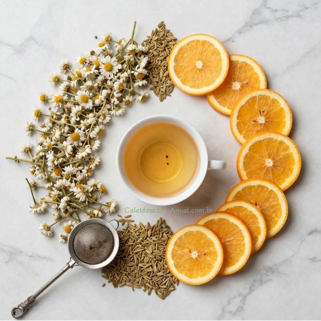 Composição elegante chá: camomila erva-doce laranja mel ingredientes botânica moderação equilíbrio flat