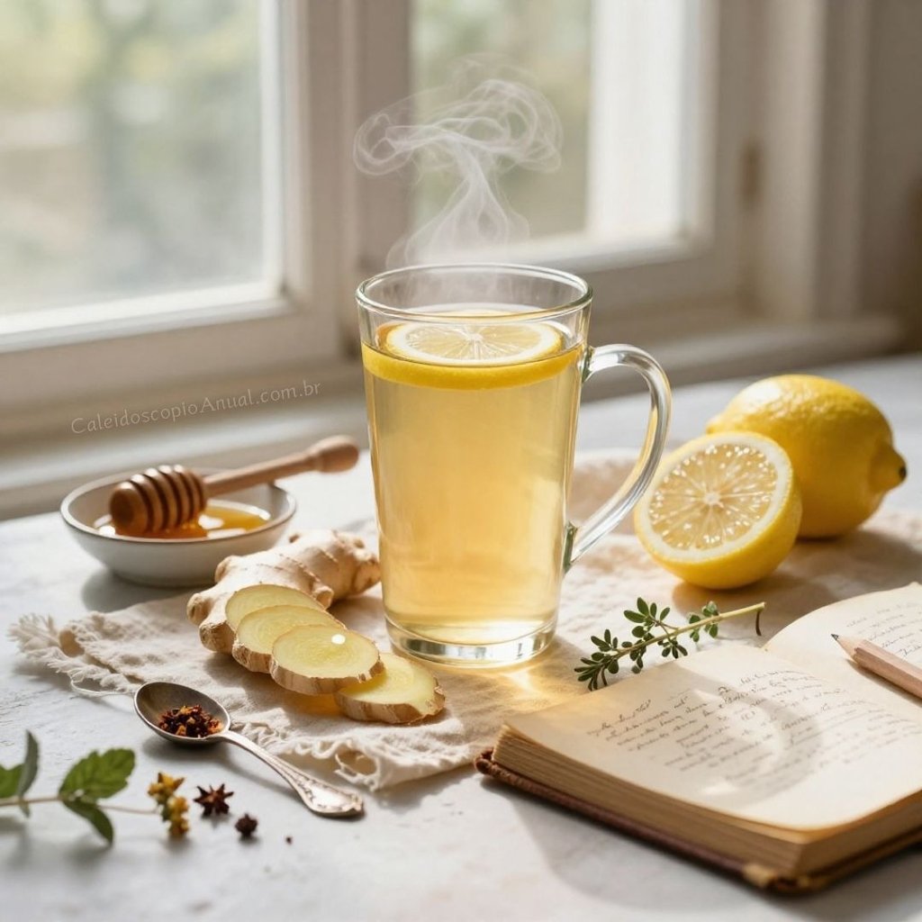 Chá de gengibre e limão em copo de vidro dourado, estilo light academia, com diário botânico e luz suave.