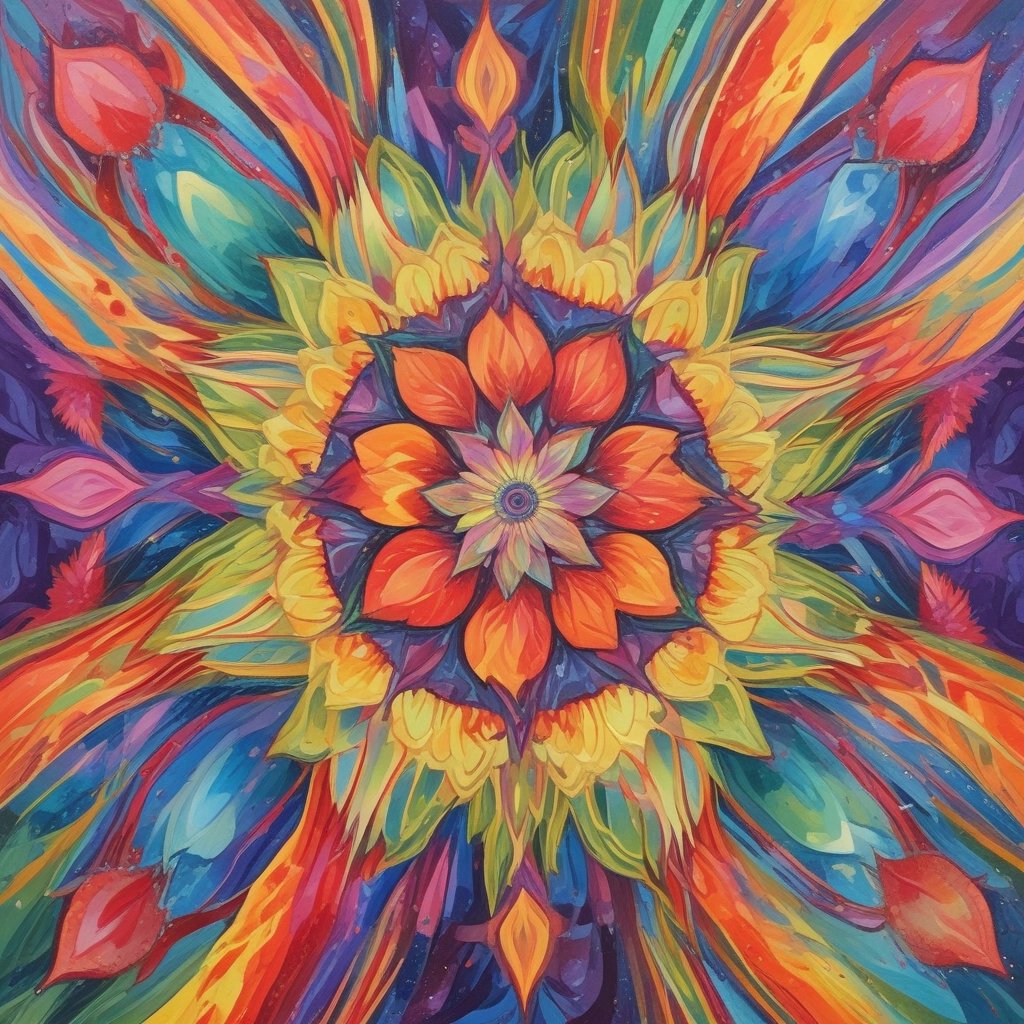 Pintura abstrata e colorida de uma flor em estilo → Caleidoscópio Anual .com.br.
