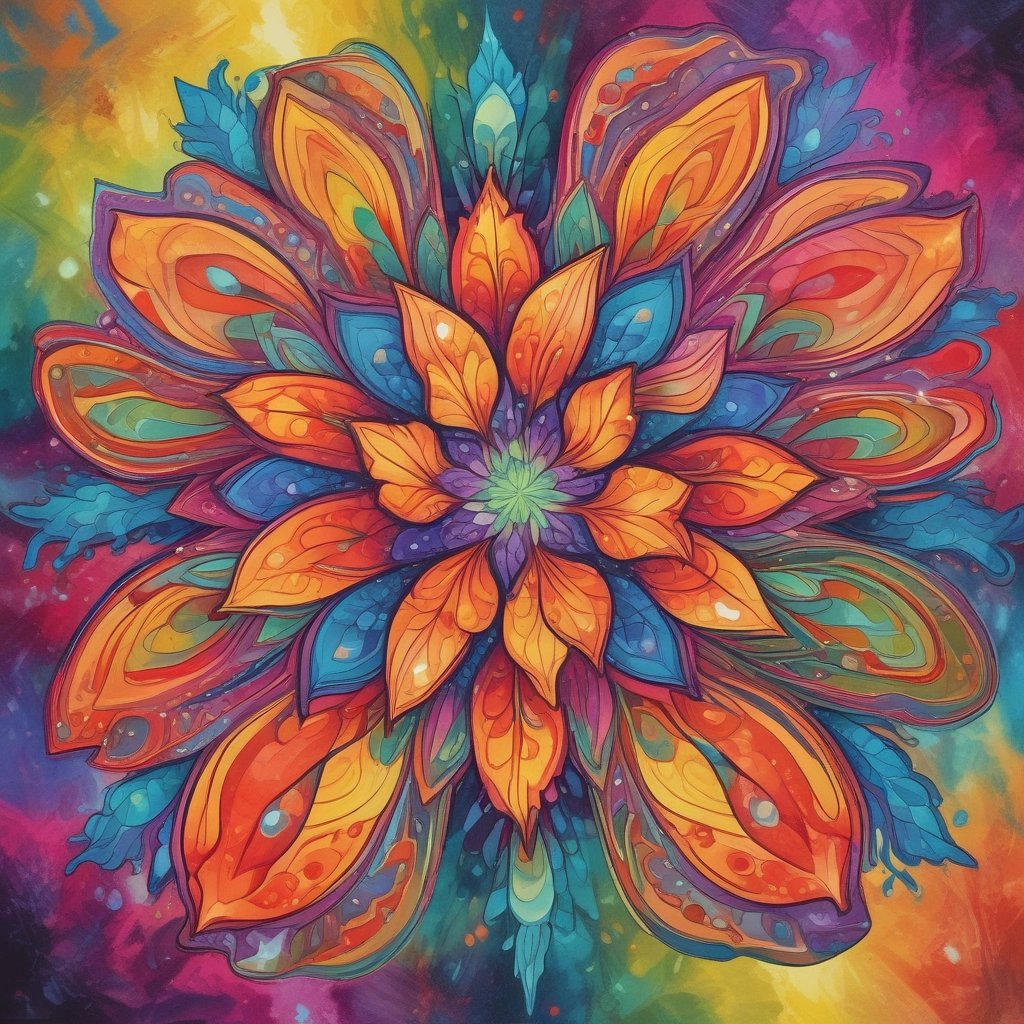 Pintura abstrata e colorida de uma flor em estilo → Caleidoscópio Anual .com.br.