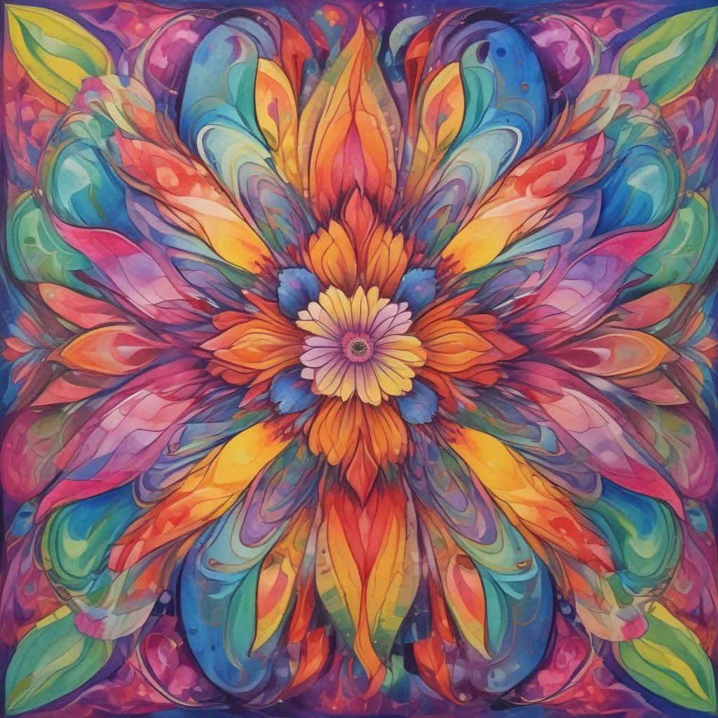 Pintura abstrata e colorida de uma flor em estilo → Caleidoscópio Anual .com.br.