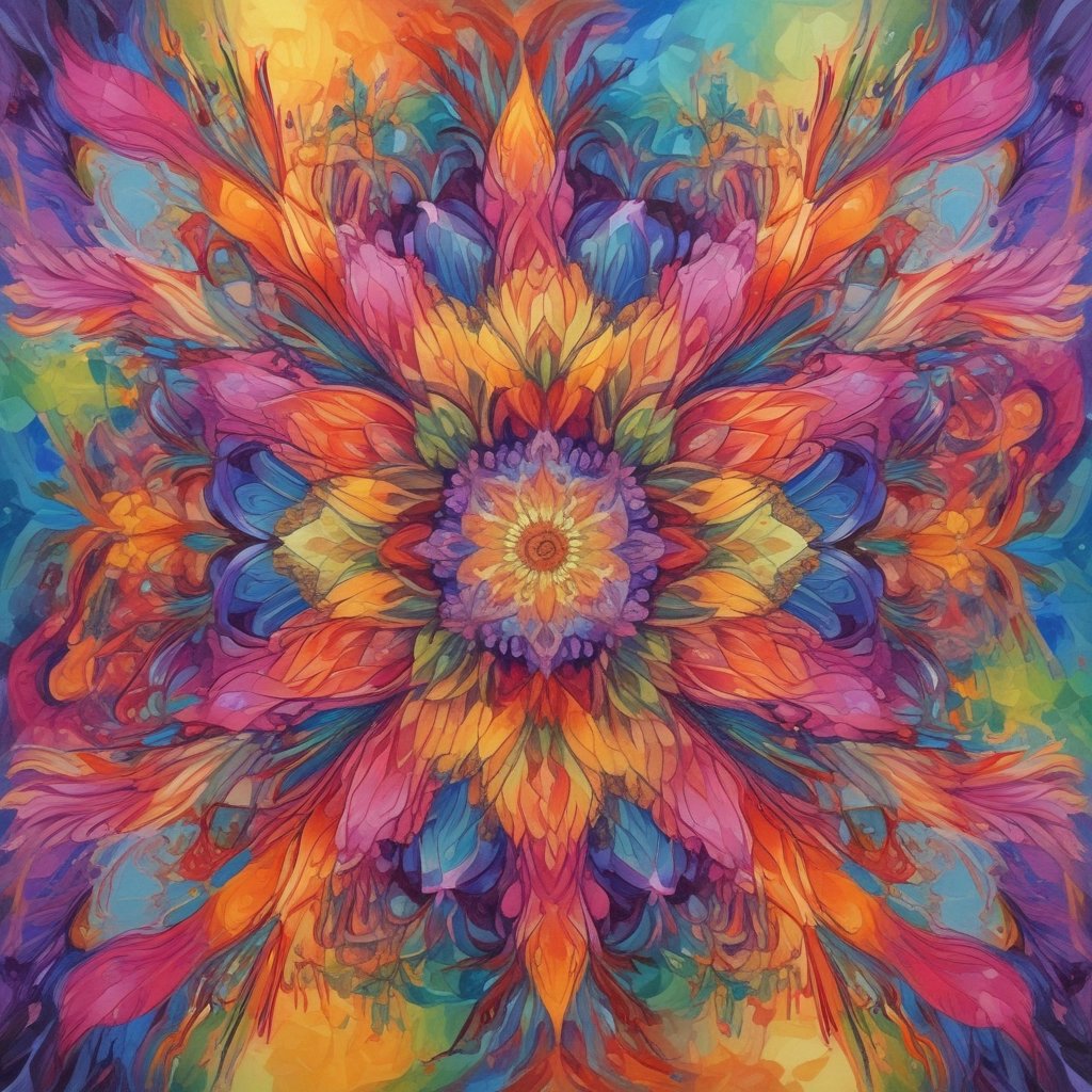 Pintura abstrata e colorida de uma flor em estilo → Caleidoscópio Anual .com.br.