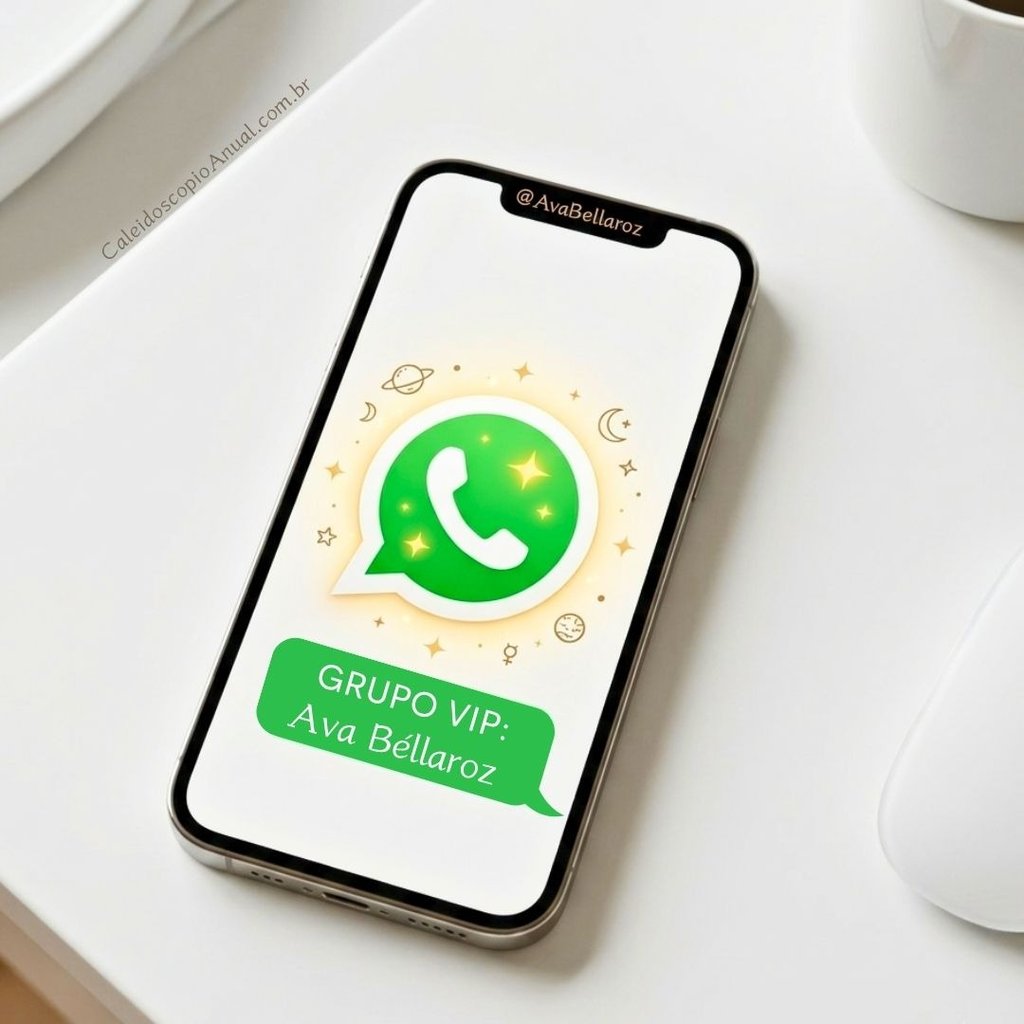 Celular com ícone do WhatsApp brilhando com estrelas e texto 'GRUPO VIP: AvaBéllaroz' na tela, sobre mesa branca.