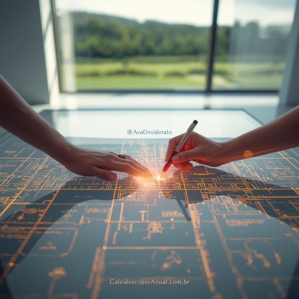 Mãos desenhando planta arquitetônica brilhante em mesa de vidro, simbolizando mente estratégica e planejamento.