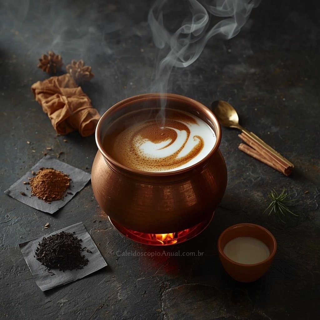 Masala Chai em panela de cobre sobre chama com especiarias e quatro elementos alquímicos — Grande Obra, Conjunctio, elixir