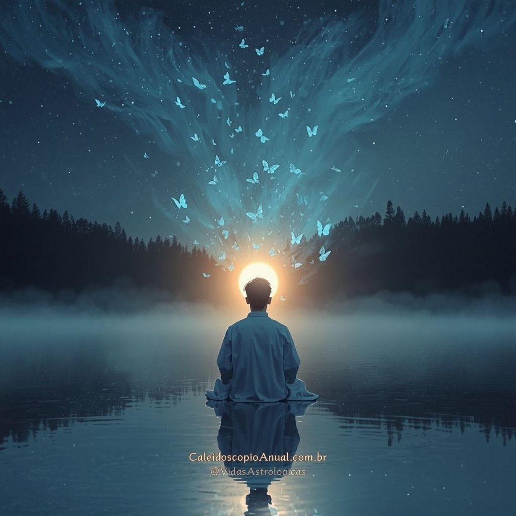 Pessoa em lago prateado com aura dourada e borboletas de luz, simbolizando inspiração divina e paz espiritual.
